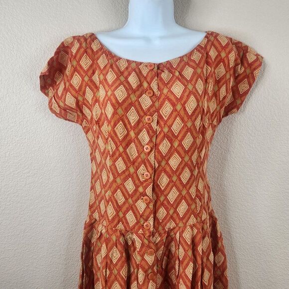 Vintage 70s Drop Waist Maxi Dress Womens Size S Orange Cotton Flowy Diamond - Picture 4 of 7